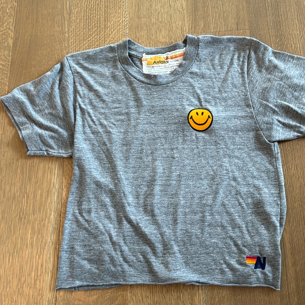 Aviator Nation Gray Short Sleeve Tee with Smiley Patch